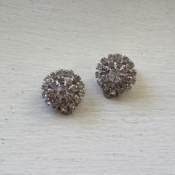 Round Clip-On Earrings with Clear Rhinestones - Picture 3 of 6